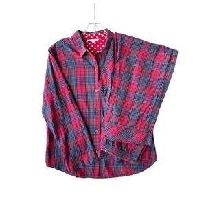 Victorias Secret Red Blue Plaid Polka Dot Trim Pajama Set Womens Medium 2 Piece